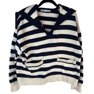 Zara Black and Cream Striped V-Neck Sweater